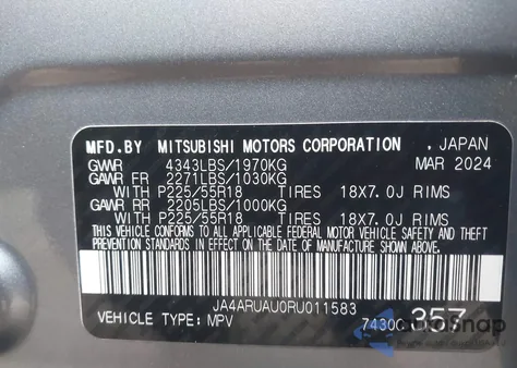 2024 Mitsubishi Outlander Sport 2.0 Es Awc/2.0 Le Awc/2.0 Ralliart Awc/2.0 S Awc/2.0 Se Awc/2.0 Trail Edition Awc из США, поврежденный, VIN JA4ARUAU0RU011583